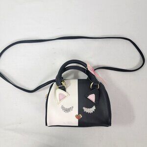 Luv Betsey Johnson Barrel Crossbody Black White Cat Removable Long Strap NOS New